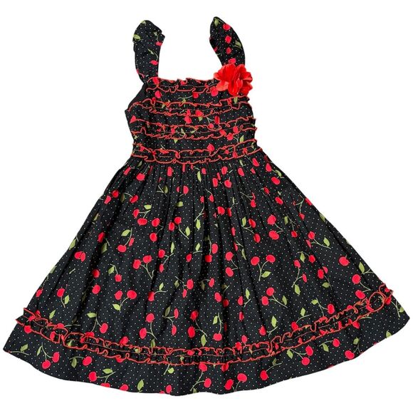 Jenny & Me Girls Black Cotton Cherry Print Dress Flutter Sleeve Ruffles Size 6 - Picture 1 of 6